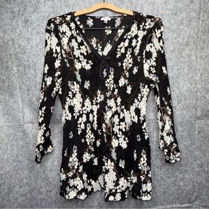 Nicola Black‎ & White Floral Pleated Long Sleeve Top- Sz XL